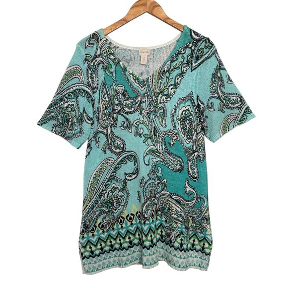 Chico's Cool Paisley Floral Pullover Teal Sweater - Size 2 (Large) - Picture 1 of 9